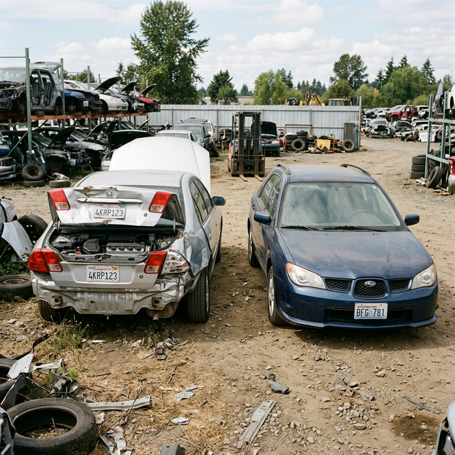Two junkyard cars side by side: left has rear-end collision damage but clean front half; right has zero body damage — a red flag for mechanical failure