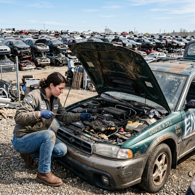 Person inspecting the engine bay of a donor car at a junkyard before pulling parts