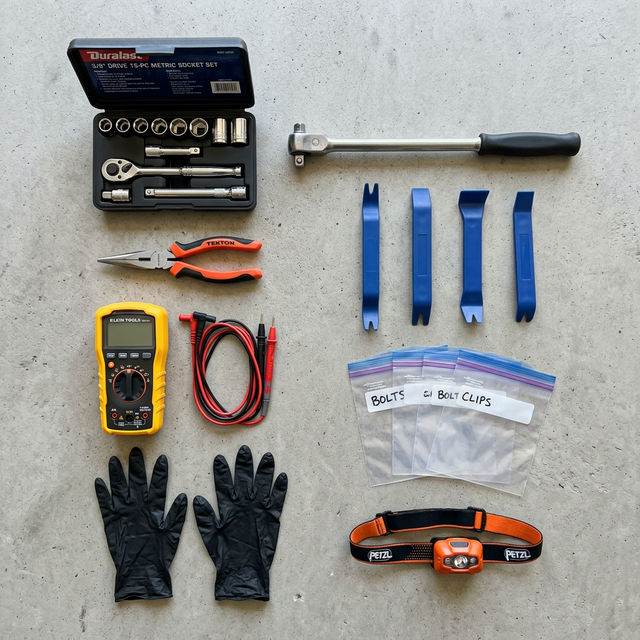 Flat-lay of junkyard go-bag tools: socket set, breaker bar, pry tools, nitrile gloves, digital multimeter, zip-lock bags, and LED headlamp