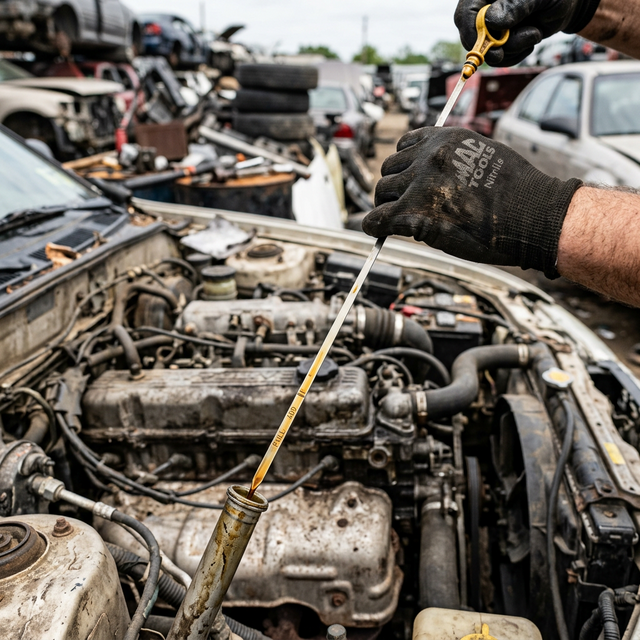 Mechanic's gloved hand holding an oil dipstick in a junkyard engine bay showing golden amber oil — sign of a well-maintained donor vehicle