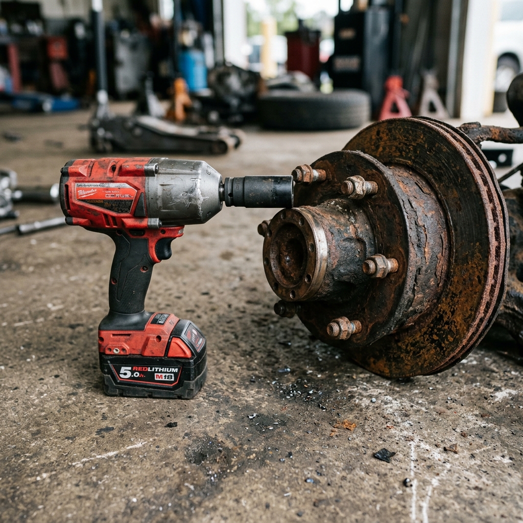 Photorealistic shot of a battery-powered impact wrench sitting next to a rusted hub assembly.