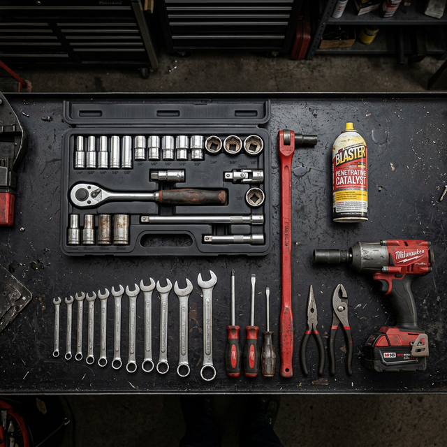 Flat-lay of junkyard tools including ratchet sets, breaker bar, pry bars, and impact wrench on a garage floor