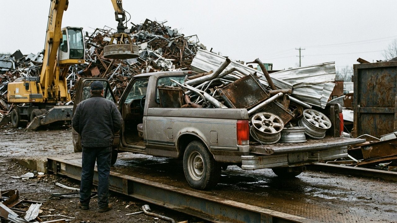A pickup truck loaded with loose scrap metal stopped on a drive-on scale at a scrap metal yard with a heap of steel behind