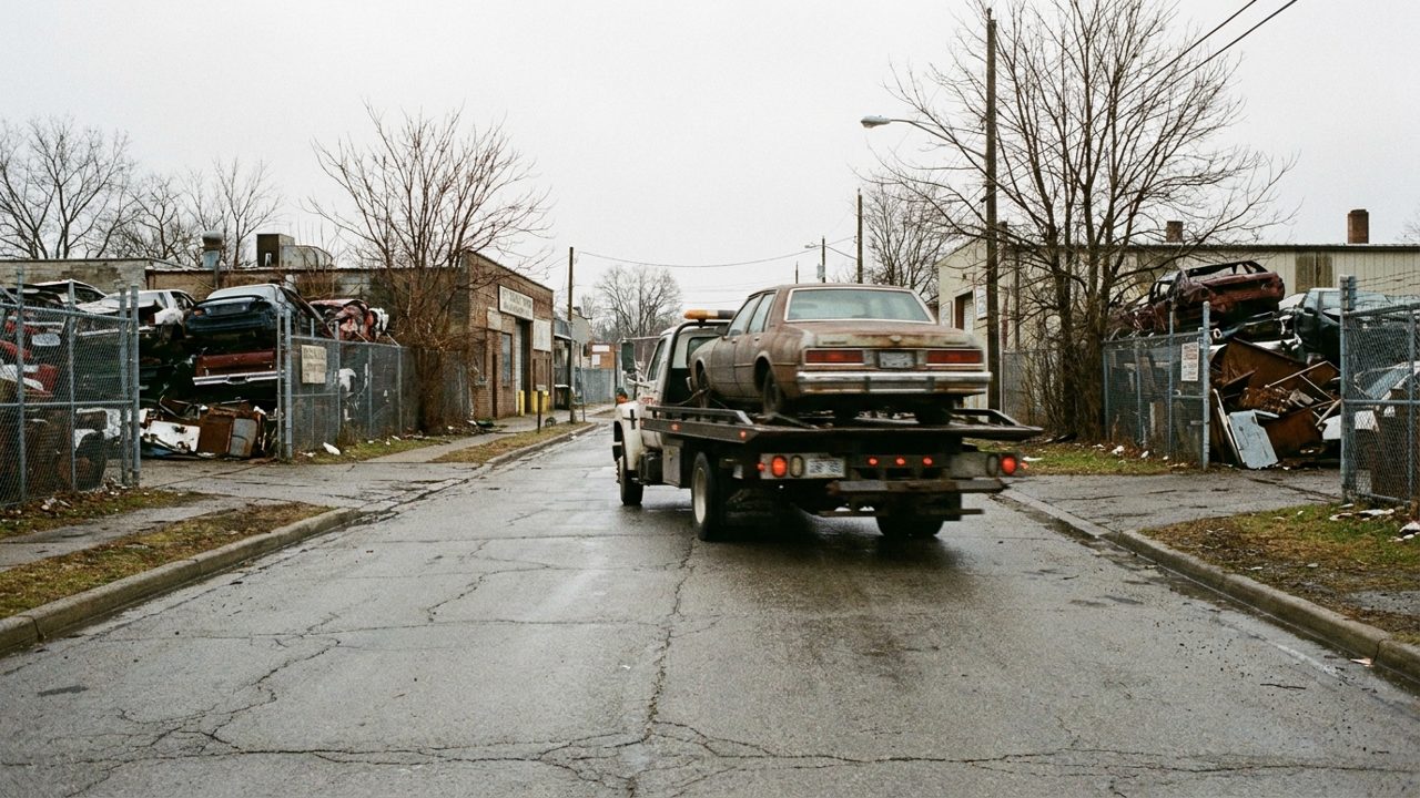 A flatbed tow truck carrying an old sedan down an industrial street lined with salvage yards in the south suburbs of Chicago