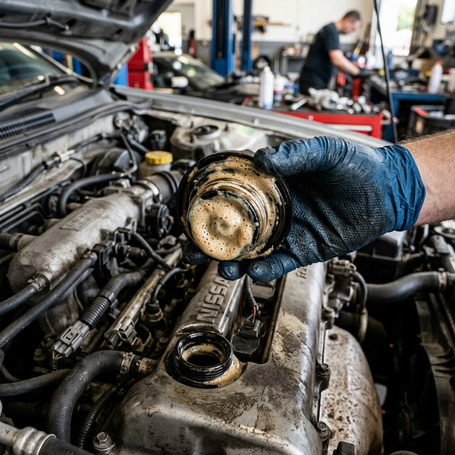 Mechanic holding an oil cap showing frothy milkshake-like residue indicating a blown head gasket