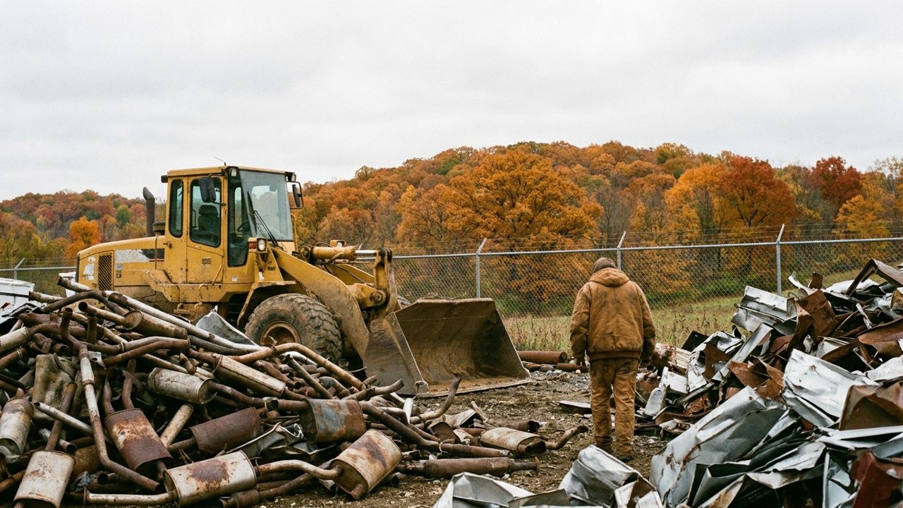 A scrap metal yard in rural Ohio in autumn with piles of rusty exhaust pipes and mufflers, a wheel loader, and orange and yellow trees behind a chain-link fence