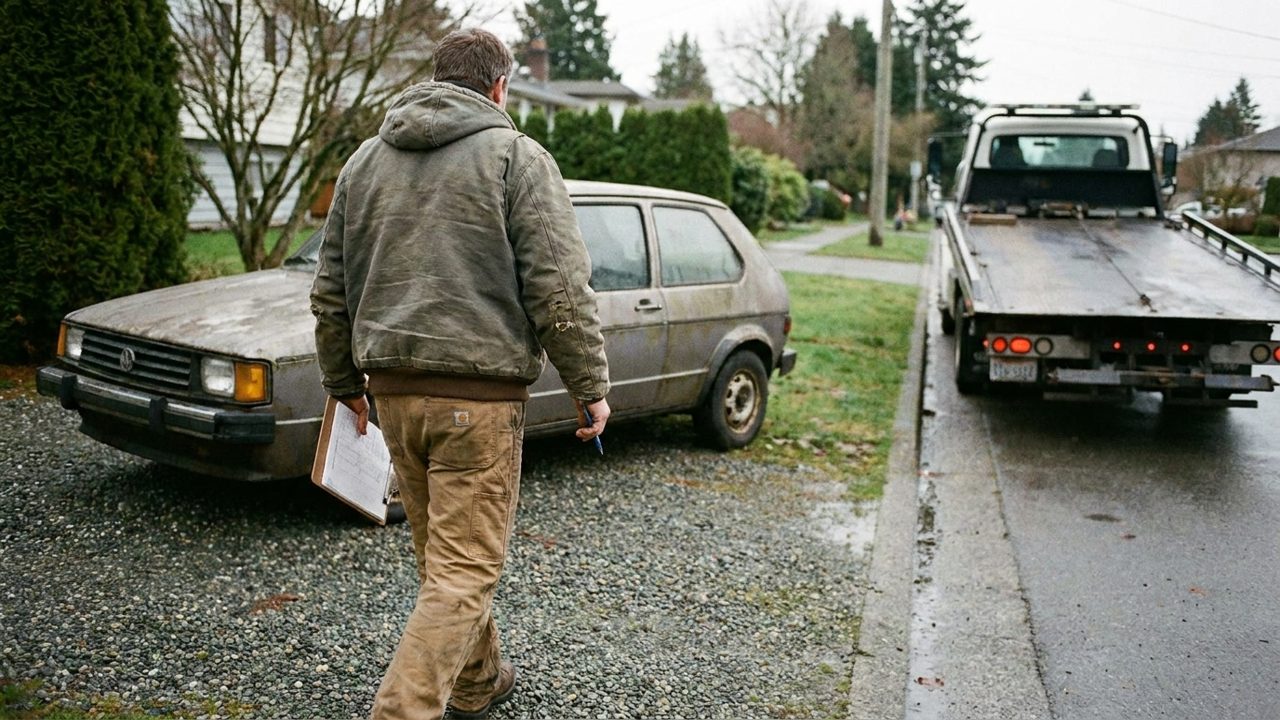 A tow truck driver with a clipboard walking around an old hatchback in a driveway before loading it