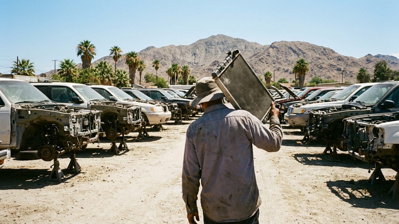 A customer carrying a used radiator through a self-service salvage yard in Phoenix with palm trees and a desert ridge behind