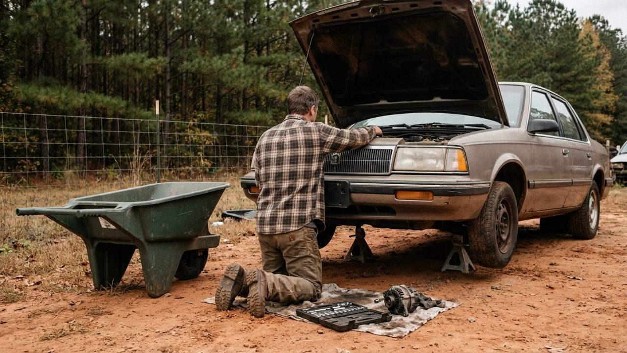 A customer seen from behind kneeling at the front of a sedan with its hood open, a removed alternator and a socket set on a rag beside him and a wheelbarrow nearby