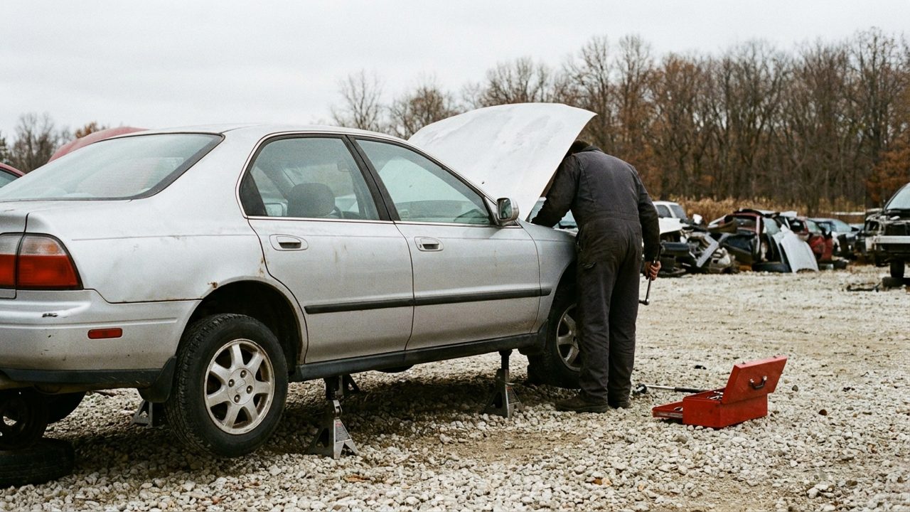A customer bent over the engine bay of a silver sedan on stands in a self-service salvage yard, with an open red toolbox on the gravel