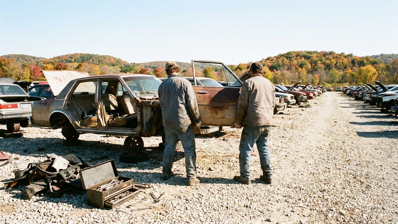 Two customers seen from behind working at the open door of a sedan in a self-service salvage yard, a toolbox on the gravel and autumn hills behind