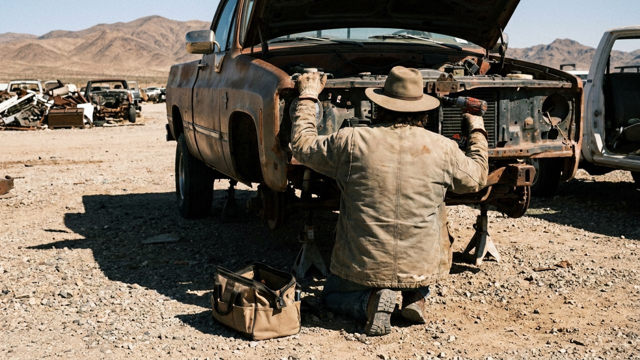 A customer seen from behind working at the engine bay of a pickup truck on steel stands in a desert salvage yard, with a tool bag on the gravel