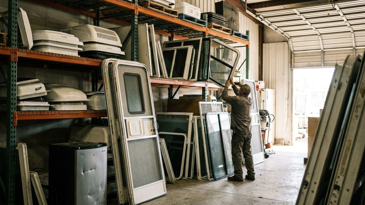 Shelves of used RV parts in a warehouse, with roof vents, entry doors, windows and a small refrigerator, and a worker seen from behind