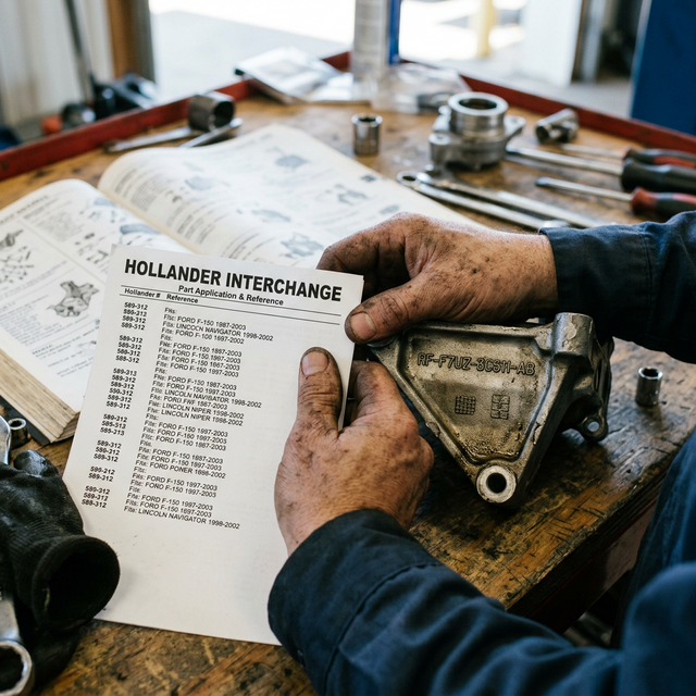 Mechanic's hands holding a Hollander Interchange reference sheet next to a metal engine bracket with casting number visible