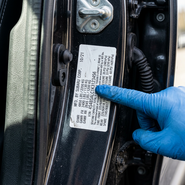 Close-up of vehicle door jamb sticker with VIN number, mechanic's hand pointing to it