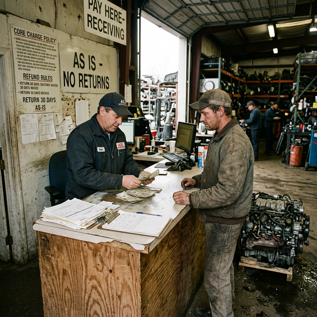 Salvage yard counter with cashier counting cash bills and AS IS No Returns sign on wall