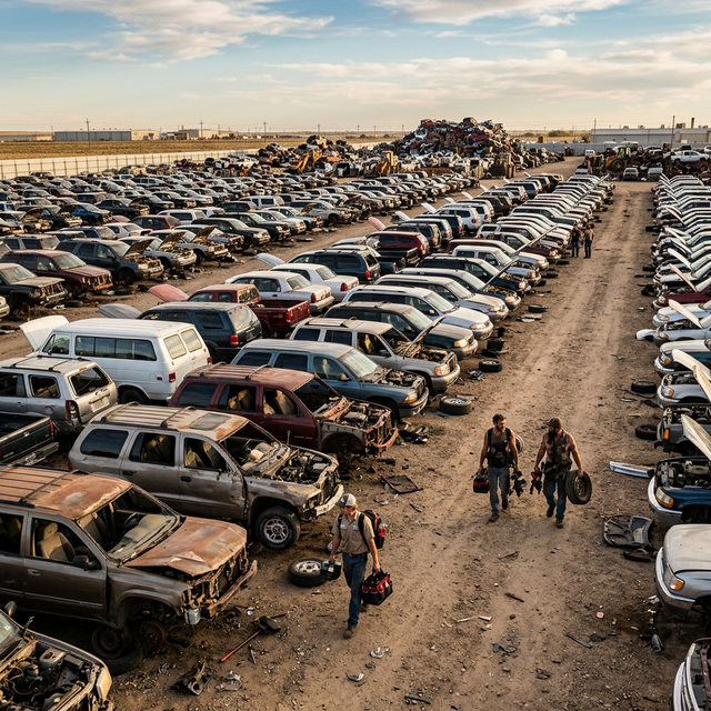 Aerial view of a U-Pull-It self-service salvage yard with rows of vehicles stretching to the horizon