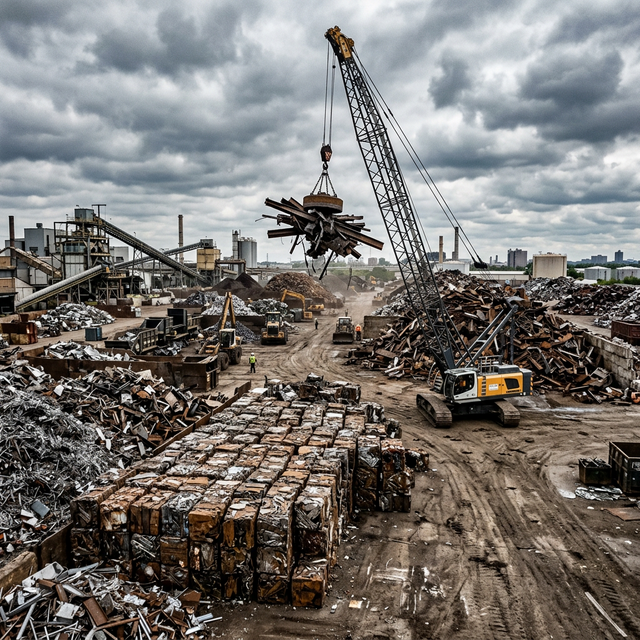 Large scrap metal recycling yard with rows of baled steel and a crane electromagnet moving metal against a cloudy sky