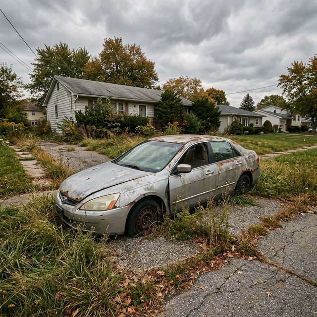 Abandoned rusty junk car sitting in a suburban driveway overgrown with weeds