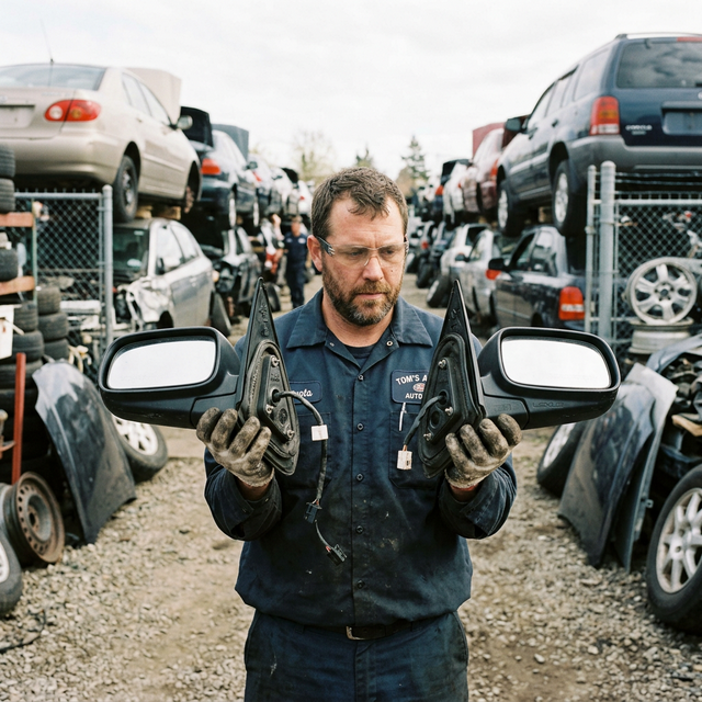 Mechanic holding two identical side mirror assemblies from different car brands at a junkyard, comparing them side by side