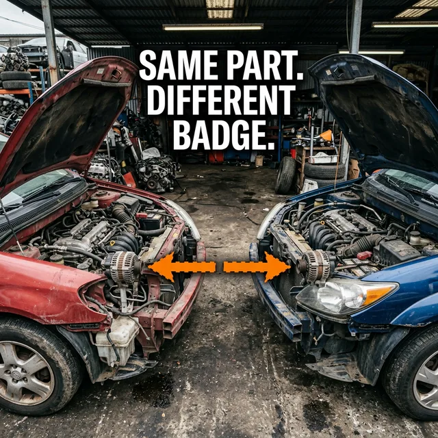 Two junkyard cars with hoods open - a Toyota Corolla and a Pontiac Vibe - with orange arrows showing their alternators are interchangeable