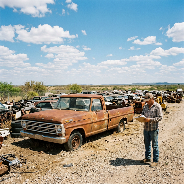 Rusty Ford pickup truck in a Texas junkyard under blue sky, owner examining paperwork nearby