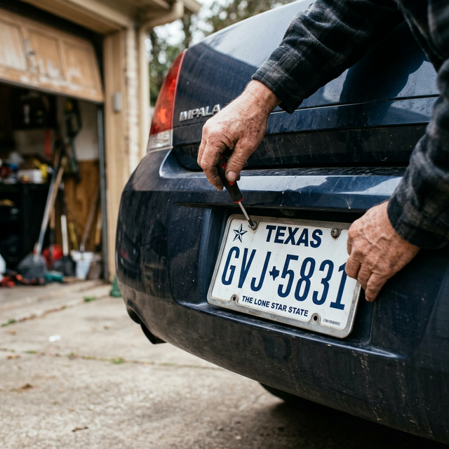 Hands removing a Texas license plate from a car bumper with a screwdriver before junkyard pickup