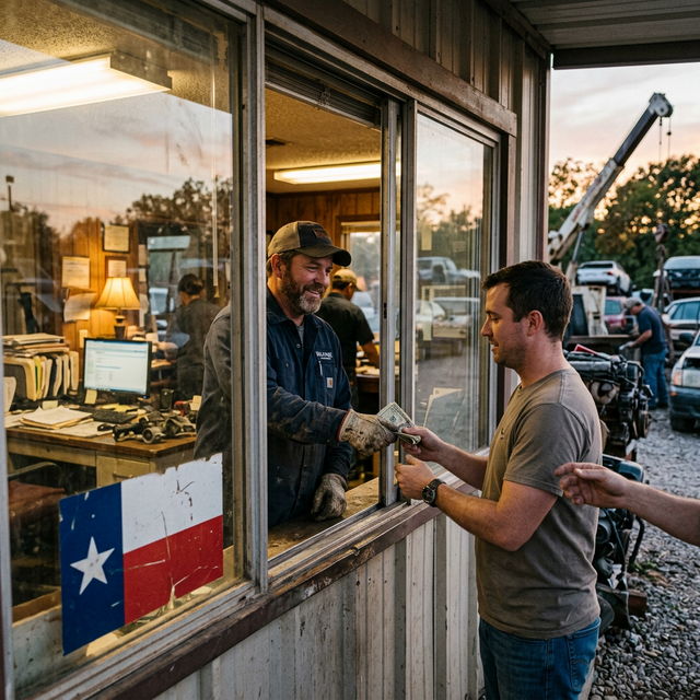 Salvage yard worker handing cash to a car owner through an office window with a Texas flag visible