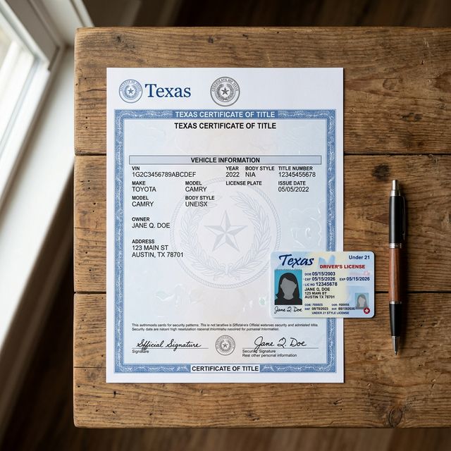 Texas Certificate of Title document on wooden desk next to a Texas driver's license and pen