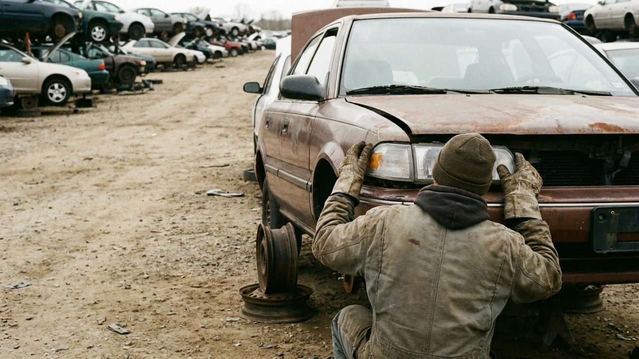 A person seen from behind crouching at the front corner of a donor car in a salvage yard with gloved hands on its headlight