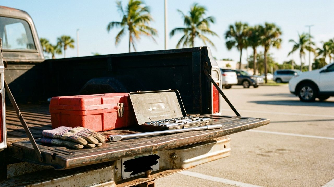 Toolbox, socket set, breaker bar and gloves on a pickup tailgate before a trip to a self-service yard in South Florida