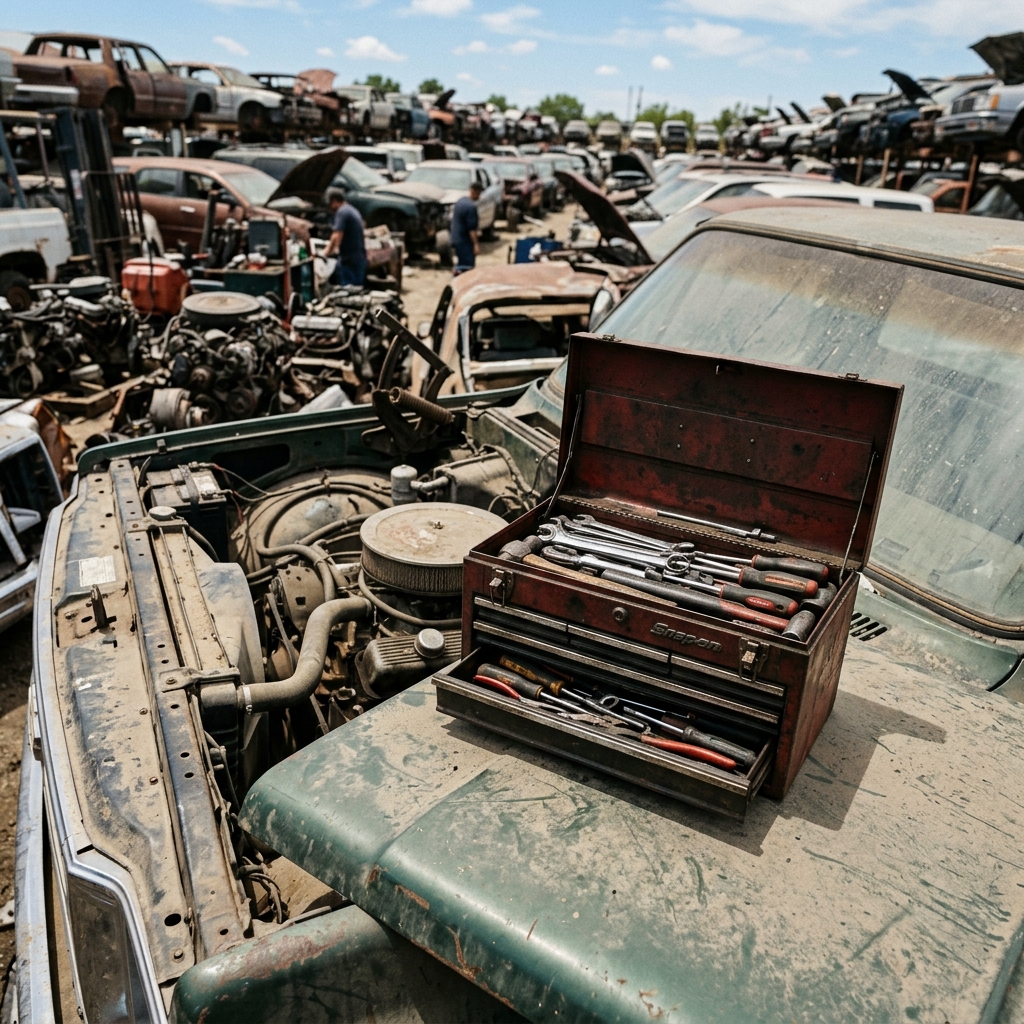 Wide, cinematic photorealistic shot of a professional mechanic's open toolbox resting on the hood of a dusty salvage yard vehicle.