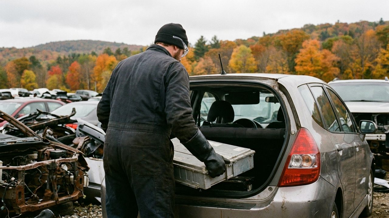 A salvage yard worker in thick insulated gloves lifting a hybrid battery module out of a small hatchback, with autumn maples on the hills behind