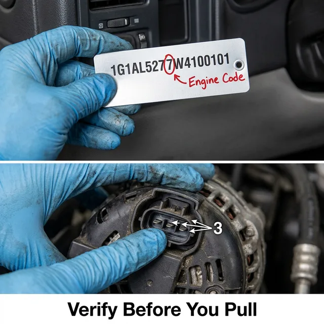 Two-panel instructional image: top shows a mechanic's hand circling the 8th VIN digit labeled Engine Code; bottom shows fingers counting 3 pins on an alternator electrical connector