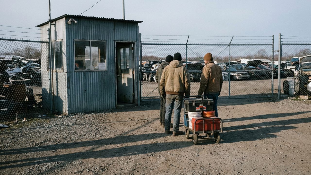 Three customers with toolboxes and a hand cart waiting outside the entrance booth of a self-service salvage yard before it opens