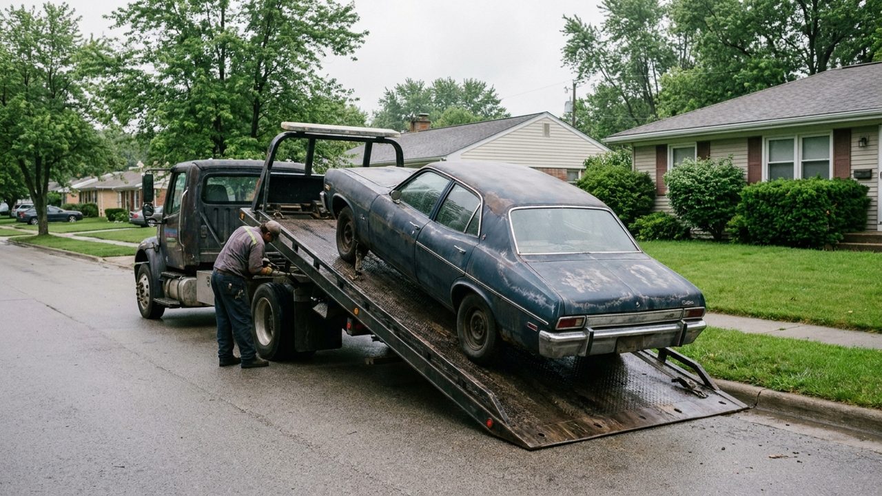 A tow truck driver seen from behind operating the winch of a flatbed tow truck as an old sedan is pulled onto the tilted bed on a residential street