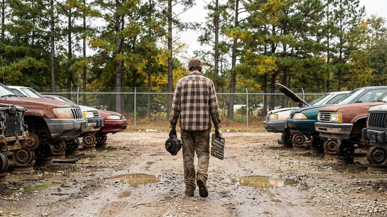 A customer in a flannel shirt carrying a used alternator and a socket set between rows of cars on wheel stands, with pine trees behind the fence