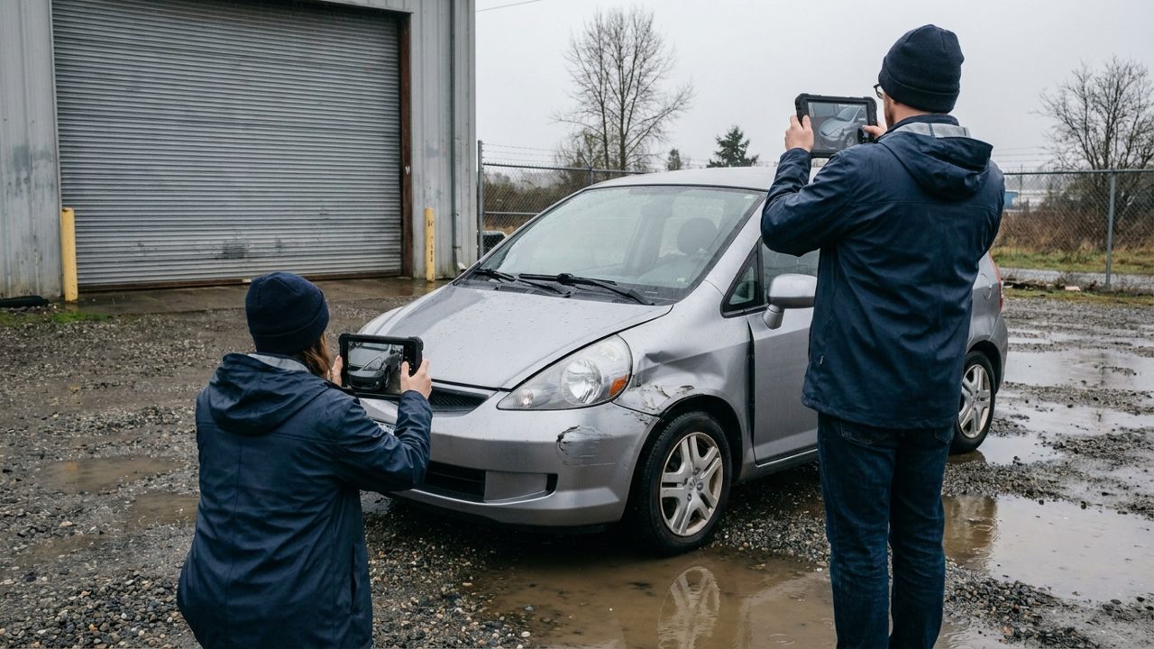 Dos personas con chamarras de lluvia fotografiando con tabletas la esquina delantera golpeada de un hatchback plateado en un lote de grava mojado