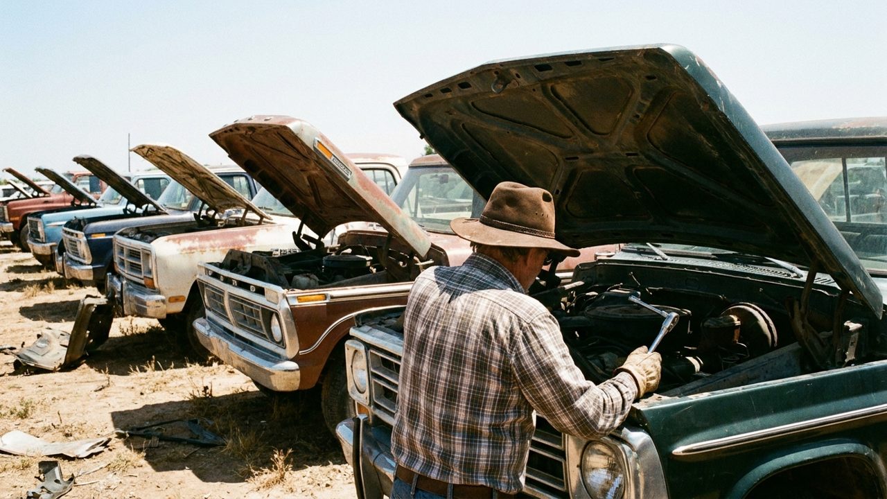 A person in a wide-brim hat working in the engine bay of a pickup truck at a self-service salvage yard in Texas
