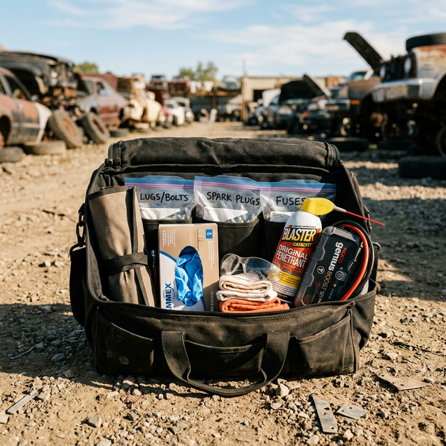 Packed tool bag with supplies for a junkyard visit including bags, rags, and tape