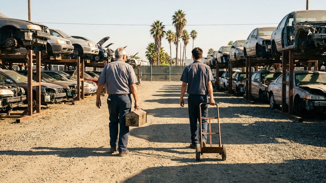 Two men seen from behind walking down a gravel aisle between rows of cars on steel racks in a self-service salvage yard, one carrying a toolbox and the other pulling a hand cart