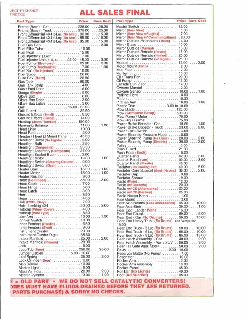 Harry's U PUll It Auto Parts Price List
