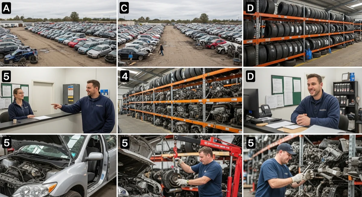 Step-by-step visual showing how to identify quality junkyard at a junkyard