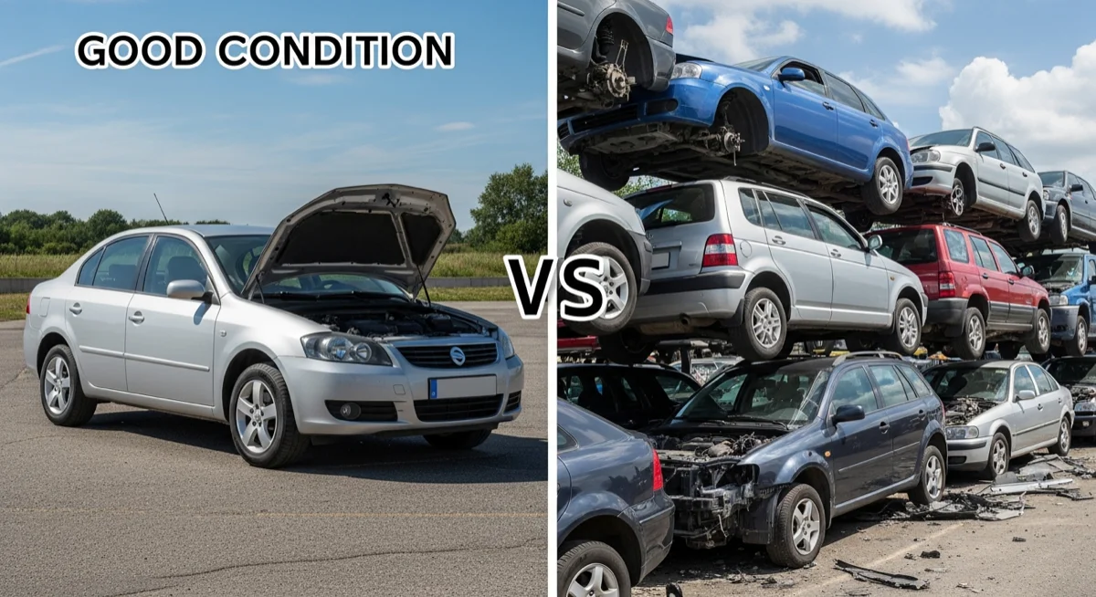 Comparison image: good condition vs damaged junkyard