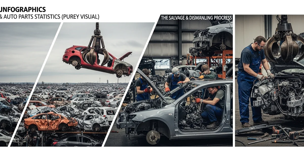 infographic: Key statistics and facts about junkyard, salvage yard, auto parts, used car parts, transmission, engine