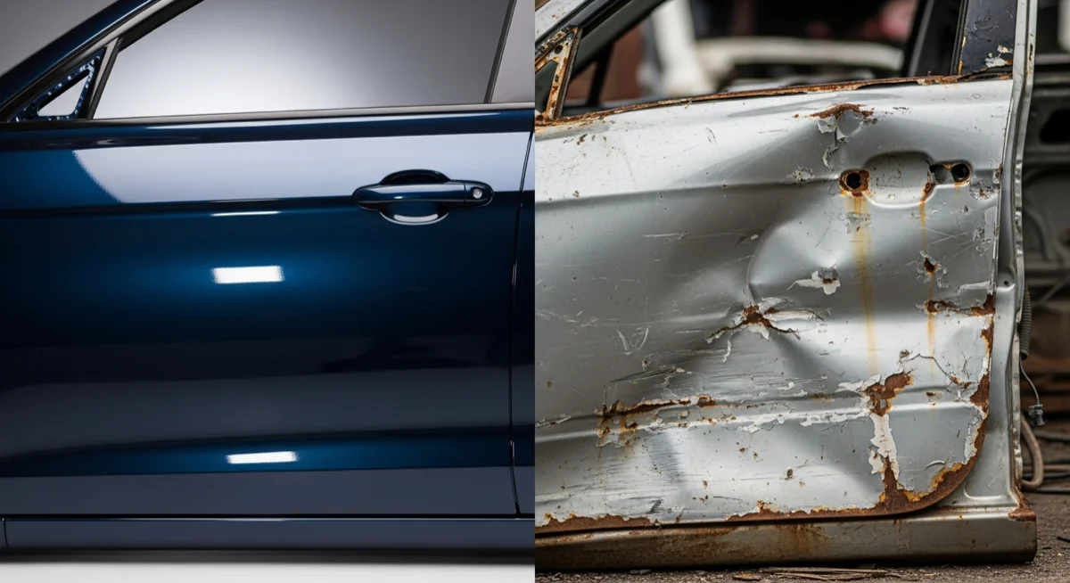 Comparison image: good condition vs damaged junkyard