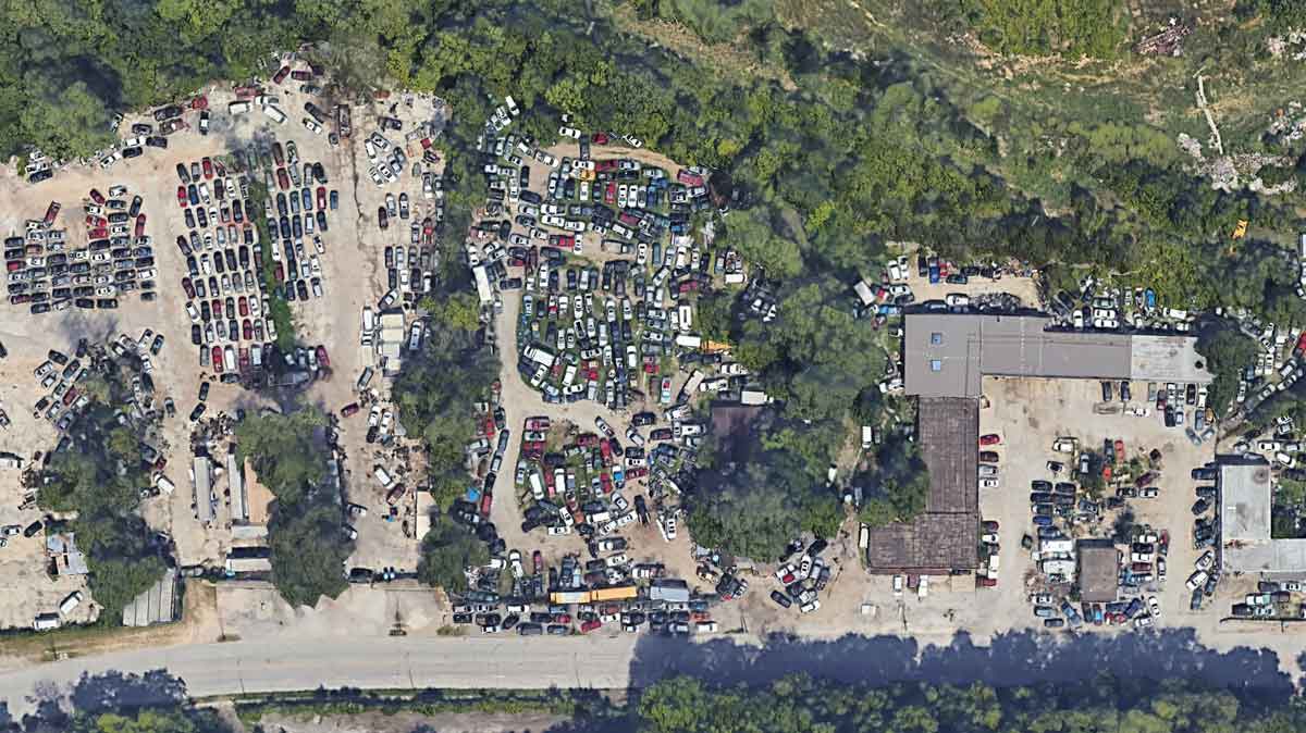 Aerial view of Porter's Auto Salvage at 3231 N Stadium Dr, Kansas City, MO 64128