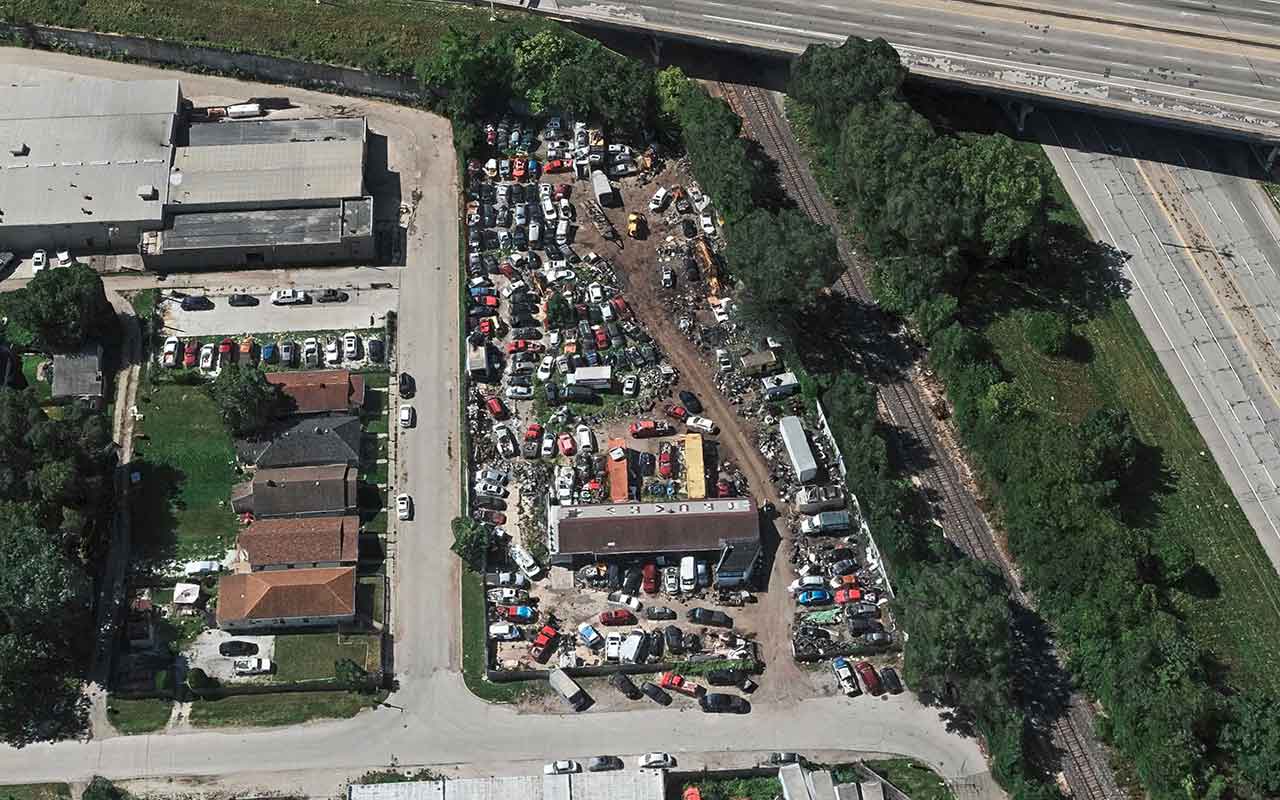 Aerial view of Cessa's Auto Parts 4 Less at 1501 W McCarty St, Indianapolis, IN 46221