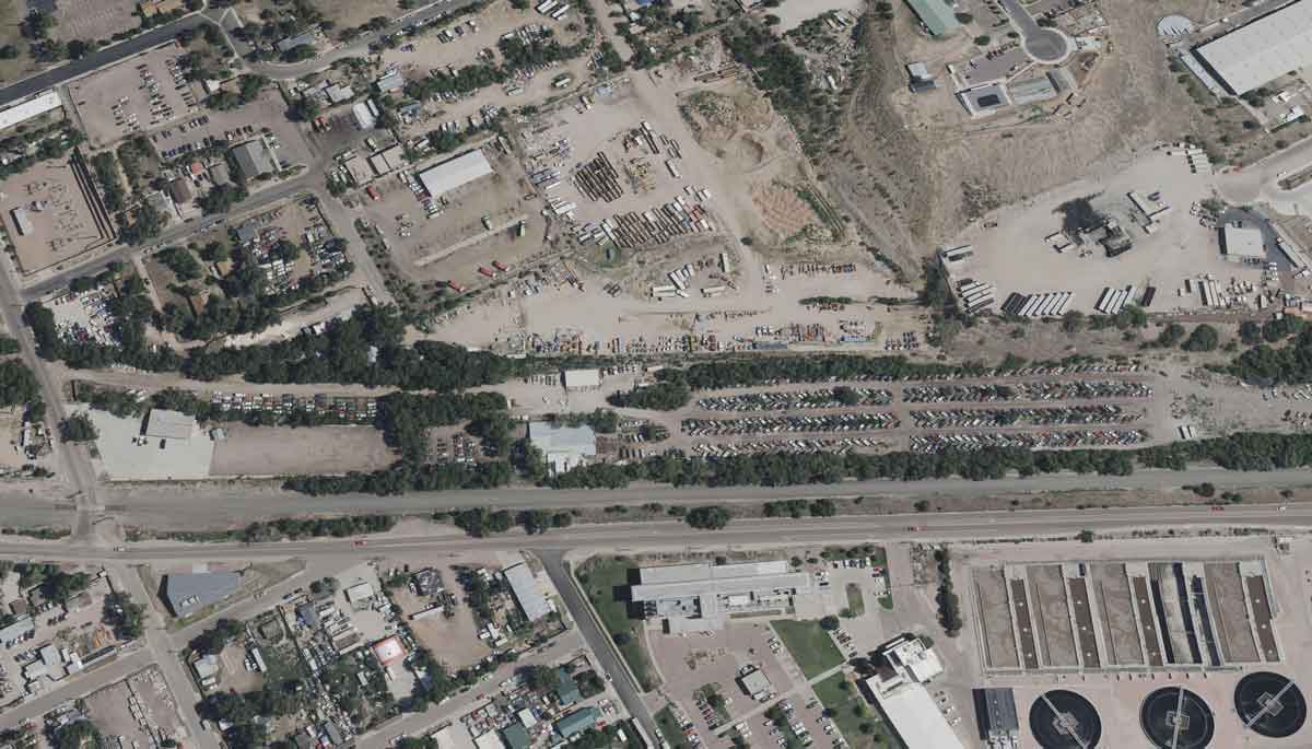 Aerial view of  ABC Used Parts at North of railroad tracks, 1143 South Royer Street, down dirt road, Colorado Springs, CO 80903