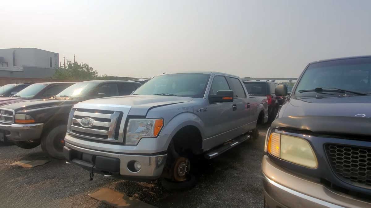 Salvaged Ford F-150 parts available at a junkyard